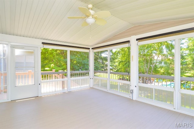 15 Fox Mill Dr, Maryville, IL 62062 - unfurnished sunroom featuring ceiling fan, lofted ceiling, and wood finished floors