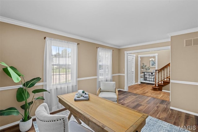 17 Beaujolais Dr, Florissant, MO 63031 - office area featuring wood finished floors, crown molding, and a chandelier