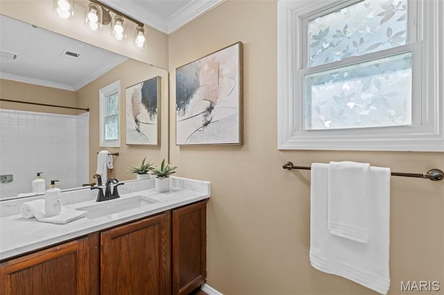17 Beaujolais Dr, Florissant, MO 63031 - bathroom with ornamental molding, vanity, plenty of natural light, and a shower