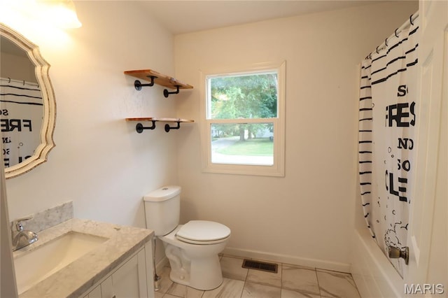 1001 E 2nd St, Saint Peter, IL 62880 - bathroom featuring vanity, marble finish floors, and shower / tub combo with curtain