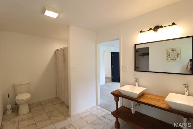 1001 E 2nd St, Saint Peter, IL 62880 - full bath with marble look tiles, double vanity, and a shower with curtain