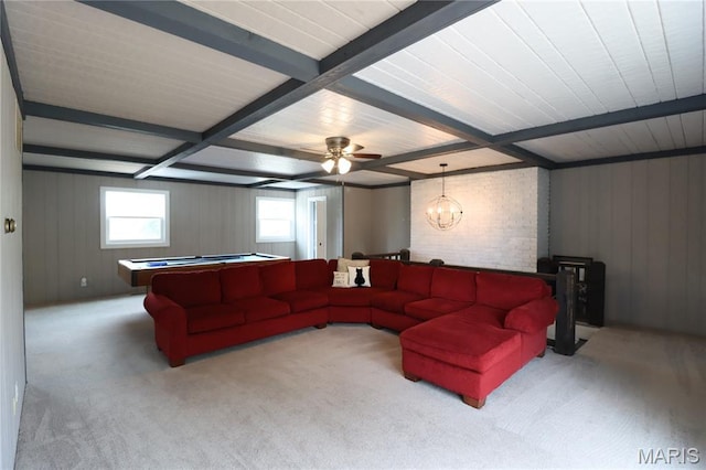 1001 E 2nd St, Saint Peter, IL 62880 - living room with carpet, beamed ceiling, billiards table, a chandelier, and wooden walls