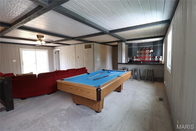 1001 E 2nd St, Saint Peter, IL 62880 - game room featuring beam ceiling, carpet flooring, billiards table, wood walls, and ceiling fan