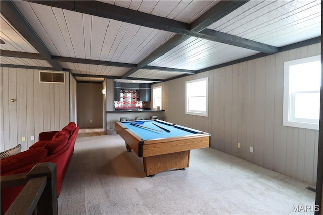 1001 E 2nd St, Saint Peter, IL 62880 - playroom with beam ceiling, light carpet, wood walls, and pool table
