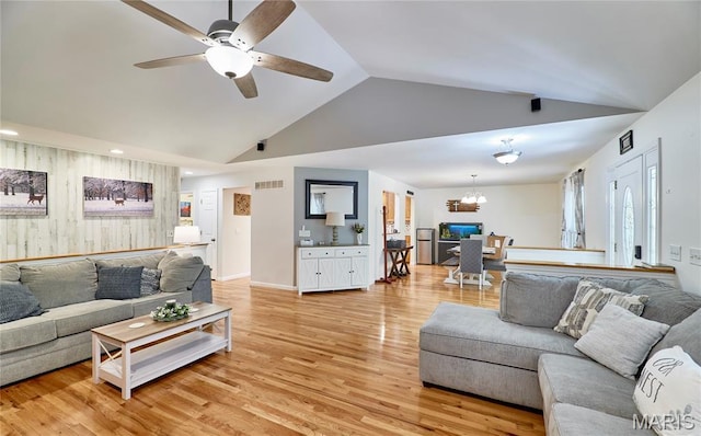 1939 N Rock Church Rd, Troy, MO 63379 - living area with a chandelier, ceiling fan, light wood finished floors, recessed lighting, and high vaulted ceiling