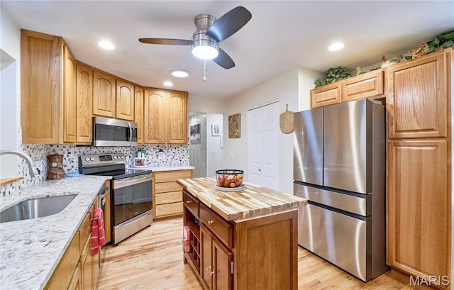 1939 N Rock Church Rd, Troy, MO 63379 - kitchen featuring stainless steel appliances, butcher block counters, light wood finished floors, tasteful backsplash, and recessed lighting