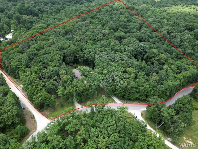 1939 N Rock Church Rd, Troy, MO 63379 - aerial view of property and surrounding area featuring a heavily wooded area and property parcel outlined