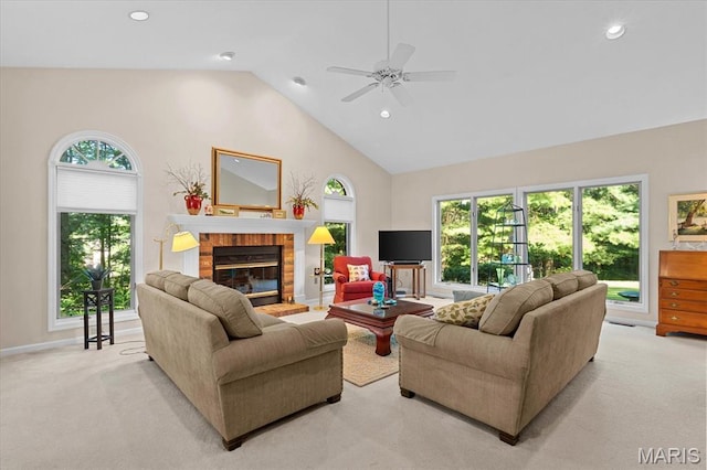 4 Cheshire Ct, Edwardsville, IL 62025 - living room featuring a ceiling fan, light carpet, a brick fireplace, recessed lighting, and high vaulted ceiling