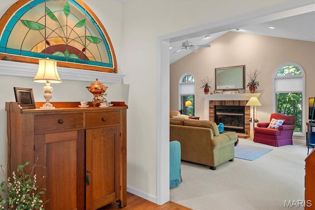 4 Cheshire Ct, Edwardsville, IL 62025 - living room with ceiling fan, lofted ceiling, a fireplace, and recessed lighting