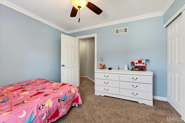 219 Royalltrail Ln, Saint Charles, MO 63368 - carpeted bedroom featuring ornamental molding, a ceiling fan, and a closet