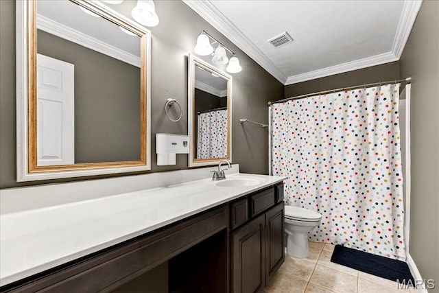 219 Royalltrail Ln, Saint Charles, MO 63368 - bathroom featuring tile patterned flooring, vanity, ornamental molding, and a shower with shower curtain