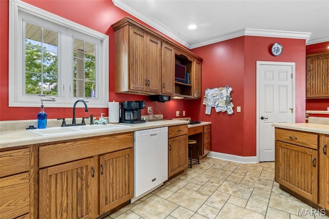 318 Doe Run Ln, Bonne Terre, MO 63628 - kitchen featuring white dishwasher, ornamental molding, light countertops, and brown cabinetry