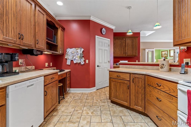 318 Doe Run Ln, Bonne Terre, MO 63628 - kitchen featuring dishwasher, brown cabinetry, ornamental molding, range, and light countertops
