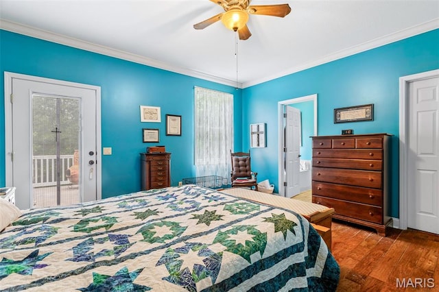 318 Doe Run Ln, Bonne Terre, MO 63628 - bedroom with wood finished floors, access to outside, ornamental molding, and a ceiling fan