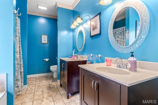 318 Doe Run Ln, Bonne Terre, MO 63628 - bathroom featuring two vanities, ornamental molding, and curtained shower