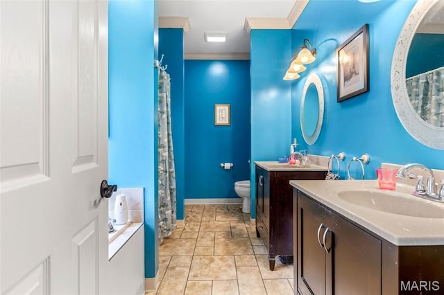 318 Doe Run Ln, Bonne Terre, MO 63628 - bathroom featuring two vanities, a shower with curtain, and crown molding