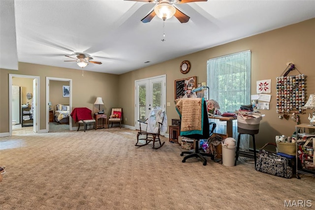 318 Doe Run Ln, Bonne Terre, MO 63628 - home office with a ceiling fan, carpet, and french doors