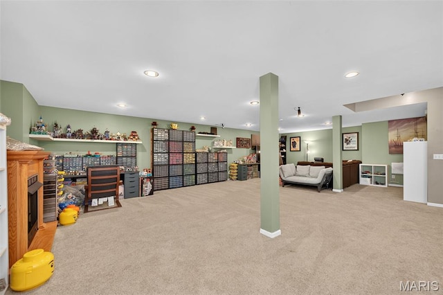 156 Bluffview Dr, Troy, MO 63379 - living area with carpet flooring, a fireplace, and recessed lighting