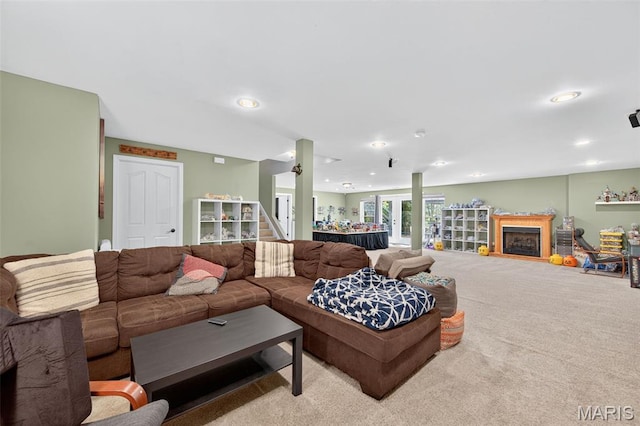 156 Bluffview Dr, Troy, MO 63379 - carpeted living room featuring a fireplace and recessed lighting