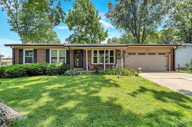 1326 Petite Dr, Saint Louis, MO 63138 - ranch-style house with brick siding, a garage, a front lawn, and driveway