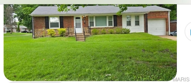 1149 Oran Dr, Saint Louis, MO 63137 - view of front facade featuring an attached garage, a front yard, concrete driveway, brick siding, and stone siding