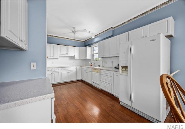 10 Jefferson Rd Unit 3A, Webster Groves, MO 63119 - kitchen with white refrigerator with ice dispenser, dishwashing machine, a ceiling fan, dark wood-style flooring, and white cabinets