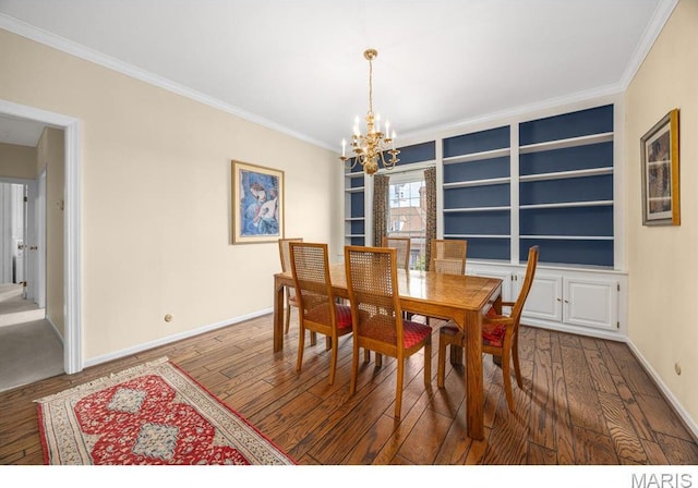 10 Jefferson Rd Unit 3A, Webster Groves, MO 63119 - dining space featuring a chandelier, ornamental molding, hardwood / wood-style flooring, and built in features
