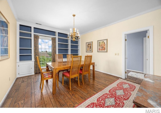 10 Jefferson Rd Unit 3A, Webster Groves, MO 63119 - dining area with ornamental molding, a chandelier, hardwood / wood-style flooring, and built in shelves