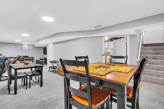 3711 Ashby Rd, Saint Ann, MO 63074 - dining space with stairs, light colored carpet, and recessed lighting