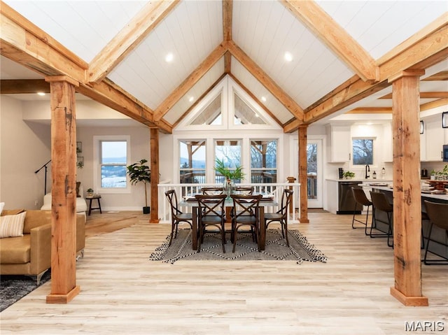 24925 State Route Mm, Farmington, MO 63640 - dining room with beamed ceiling, light wood-type flooring, recessed lighting, and high vaulted ceiling