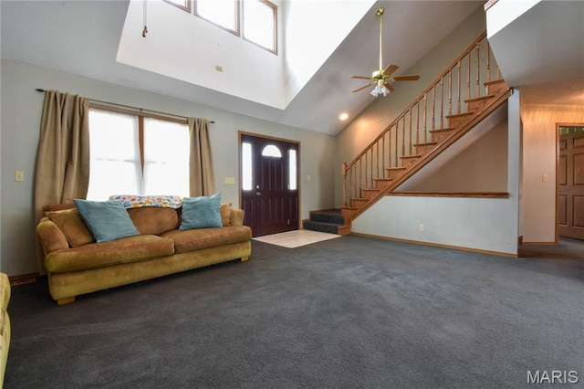 408 Marty Graten Ct, Hamel, IL 62046 - living area with stairs, healthy amount of natural light, carpet floors, and a high ceiling