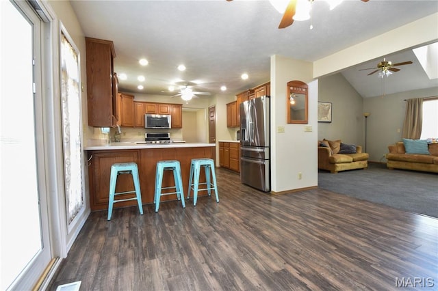 408 Marty Graten Ct, Hamel, IL 62046 - kitchen with stainless steel appliances, open floor plan, ceiling fan, recessed lighting, and lofted ceiling