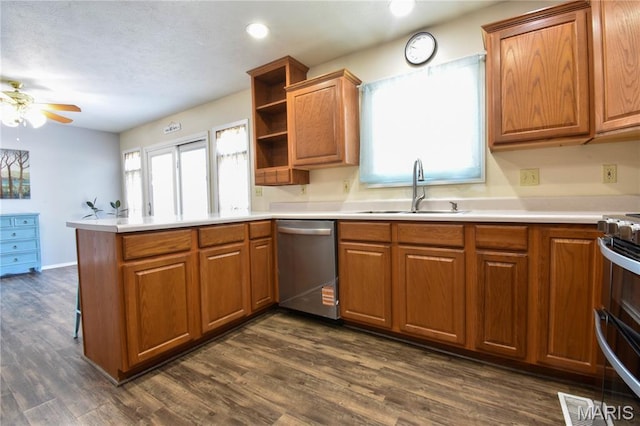 408 Marty Graten Ct, Hamel, IL 62046 - kitchen featuring stainless steel dishwasher, a peninsula, brown cabinets, ceiling fan, and open shelves