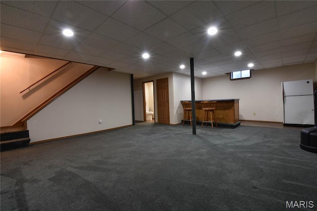 408 Marty Graten Ct, Hamel, IL 62046 - finished below grade area with freestanding refrigerator, a bar, carpet flooring, stairway, and recessed lighting