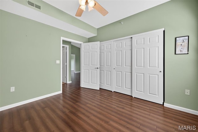 5 Monarch Trace Ct Unit 305, Chesterfield, MO 63017 - unfurnished bedroom with dark wood-type flooring, a closet, and ceiling fan