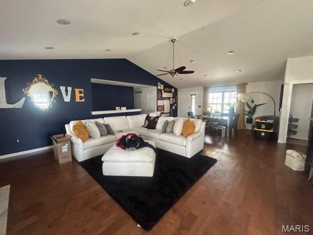 2763 Cascade Lake Dr, Belleville, IL 62221 - living area featuring a ceiling fan, vaulted ceiling, and wood finished floors