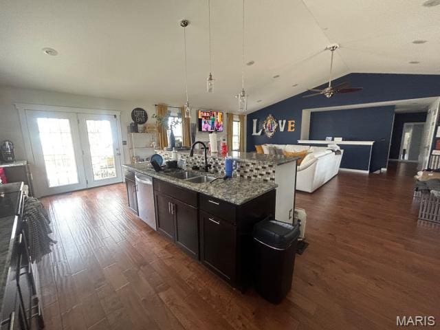 2763 Cascade Lake Dr, Belleville, IL 62221 - kitchen with stainless steel dishwasher, dark wood-style floors, open floor plan, vaulted ceiling, and ceiling fan