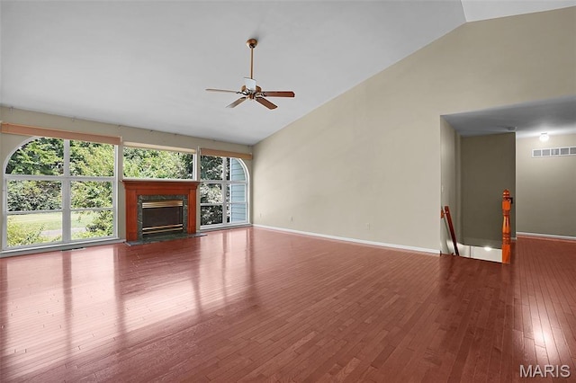 1473 Crooked Stick Dr, Ofallon, MO 63366 - unfurnished living room featuring wood finished floors, a ceiling fan, high vaulted ceiling, and a high end fireplace