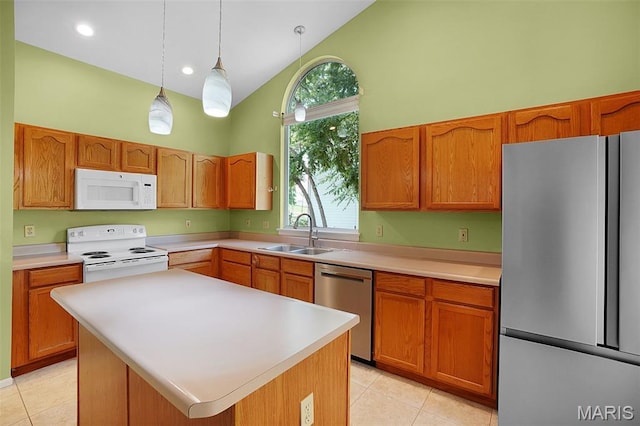 1473 Crooked Stick Dr, Ofallon, MO 63366 - kitchen featuring appliances with stainless steel finishes, high vaulted ceiling, light tile patterned flooring, and light countertops