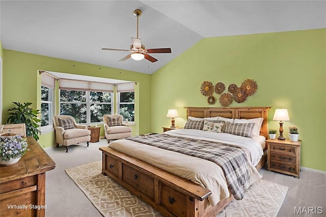 1473 Crooked Stick Dr, Ofallon, MO 63366 - bedroom featuring light carpet, lofted ceiling, and a ceiling fan