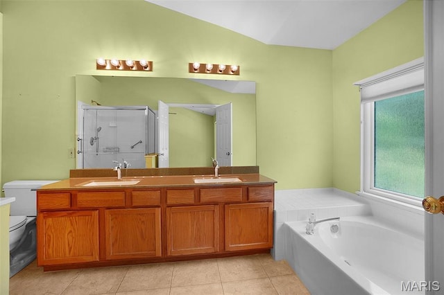 1473 Crooked Stick Dr, Ofallon, MO 63366 - full bathroom with a stall shower, double vanity, a garden tub, and tile patterned flooring