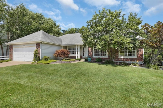 1473 Crooked Stick Dr, Ofallon, MO 63366 - view of front of house with brick siding, a garage, a front lawn, driveway, and a shingled roof