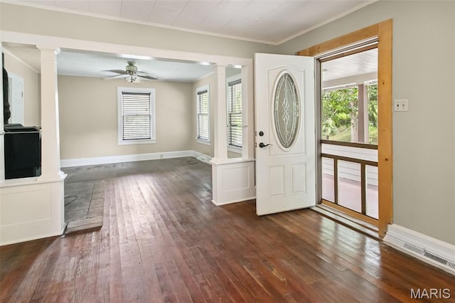 86 Mill St, Elsah, IL 62028 - foyer with ornate columns, hardwood / wood-style flooring, healthy amount of natural light, and crown molding