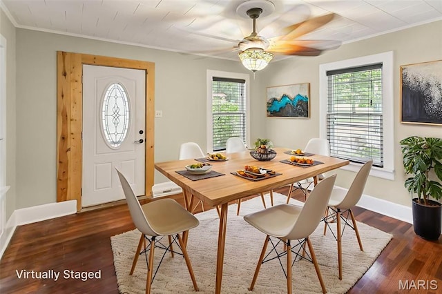 86 Mill St, Elsah, IL 62028 - dining area with crown molding, ceiling fan, plenty of natural light, and dark wood-style floors