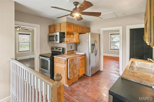 86 Mill St, Elsah, IL 62028 - kitchen featuring appliances with stainless steel finishes, a ceiling fan, and plenty of natural light