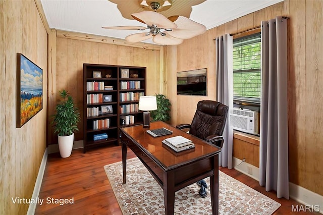 86 Mill St, Elsah, IL 62028 - office with ceiling fan, cooling unit, wood finished floors, wooden walls, and built in shelves