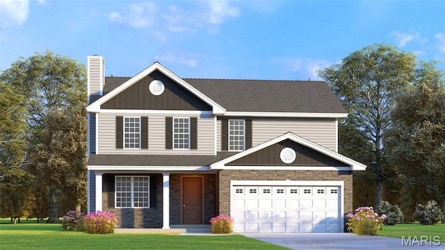 191 Geaschel Dr, Caseyville, IL 62232 - traditional home with a front yard, driveway, a chimney, covered porch, and stone siding