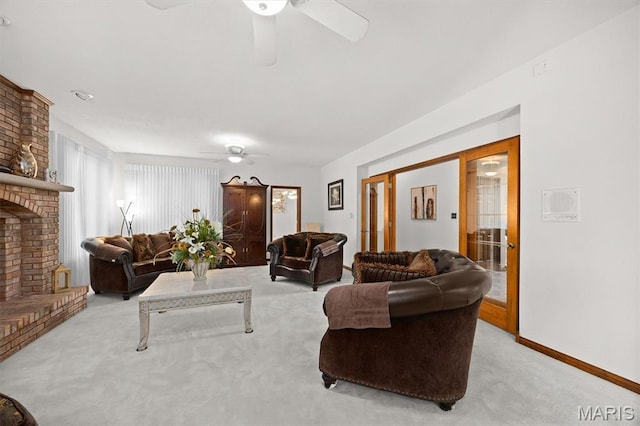 517 E Waters Edge Dr, Shiloh, IL 62221 - living room with a ceiling fan, light carpet, and a fireplace