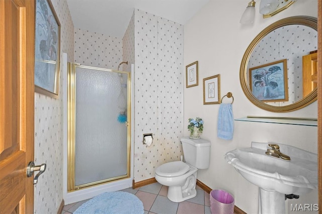 517 E Waters Edge Dr, Shiloh, IL 62221 - full bathroom featuring tile patterned floors, a shower stall, and wallpapered walls