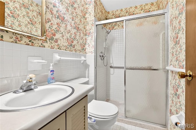 401 Willowbrook Ln, Collinsville, IL 62234 - full bath with wallpapered walls, a shower stall, a wainscoted wall, and vanity